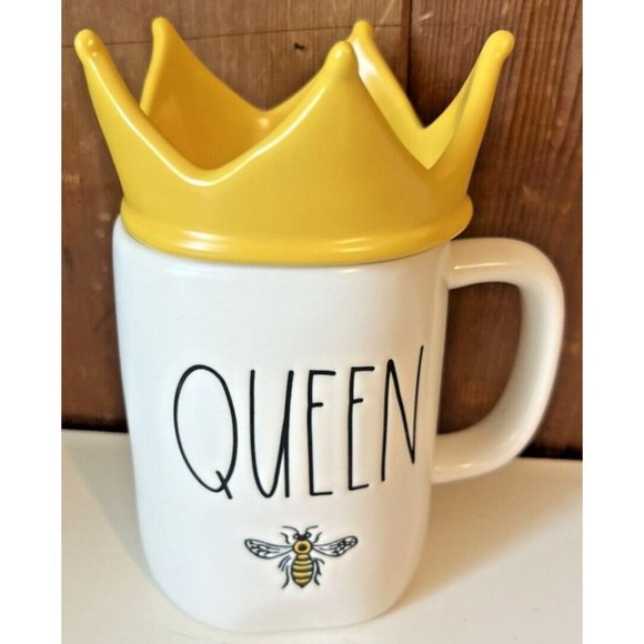 Rae Dunn Other - Rae Dunn QUEEN Bee Mug With Yellow Crown Topper Lid Ceramic